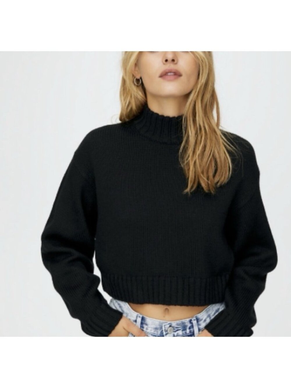 Aritzia Wilfred Free Heinen 100% Merino Wool Cropped Mock Neck Sweater Black S